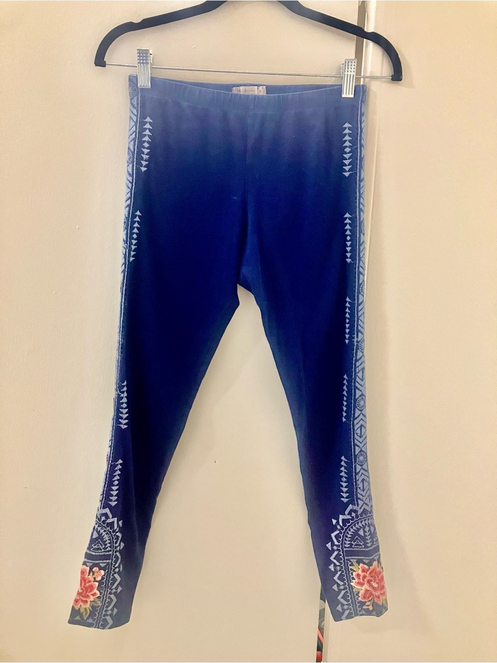 Johnny Was Embroidered Leggings Pants Blue Floral Boho Stretch Pull-On Womens XS